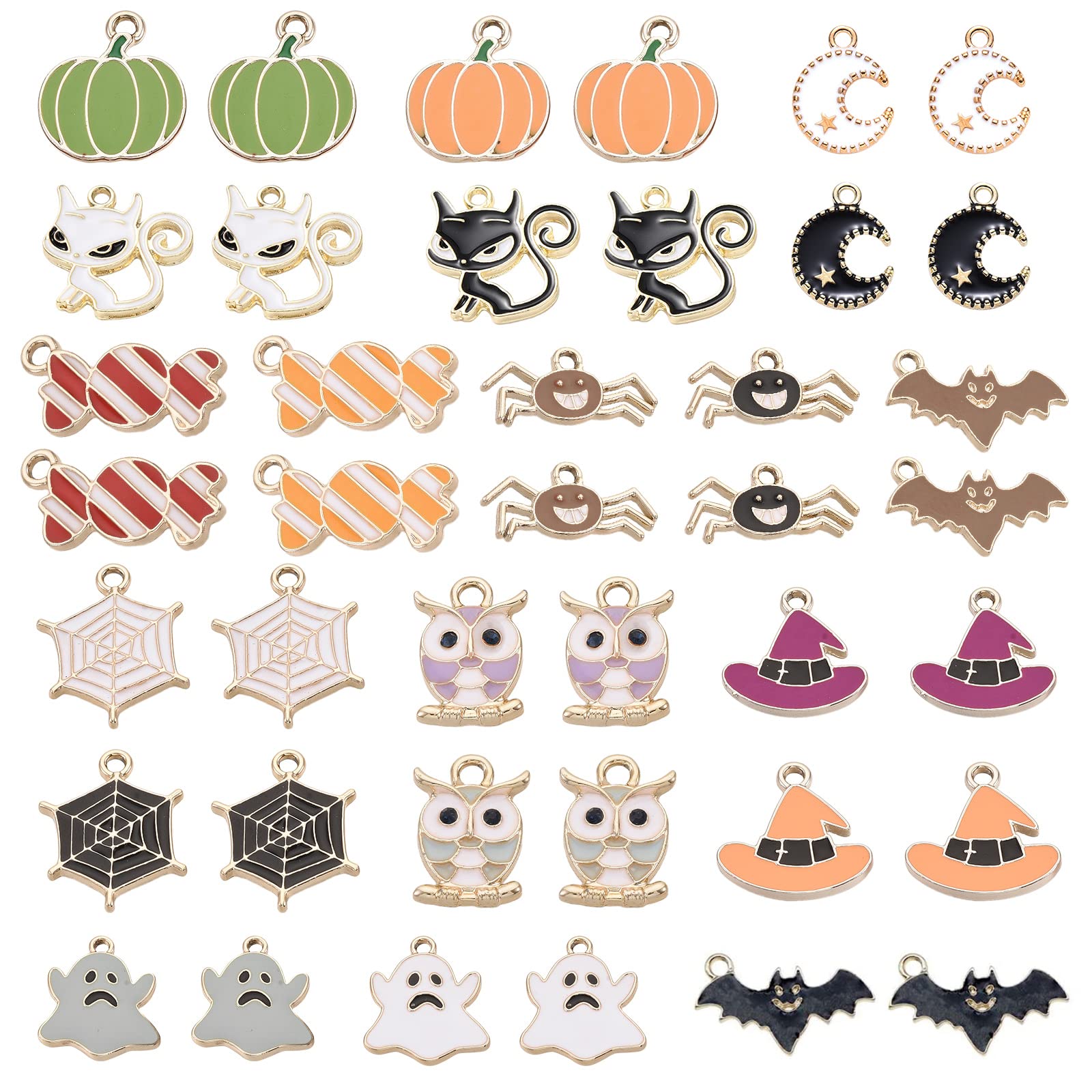 SUNNYCLUE 1 Box 40Pcs 20 Styles Halloween Charms Bulk Colorful Alloy Enamel Bat Spider Hat Pumpkin Ghost Cat Holiday Theme Pendants for DIY Halloween Decorations Bracelets Crafts Supplies — image 1