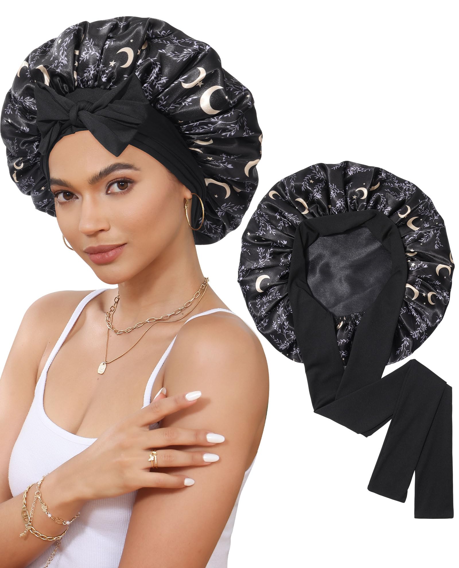 Photo 1 of Satin Bonnet Silk Bonnet for Sleeping Silk Sleep Cap Double Layer Hair Bonnet with Elastic Tie Band for Curly Hair Night Cap (Black stars and moon+Black)