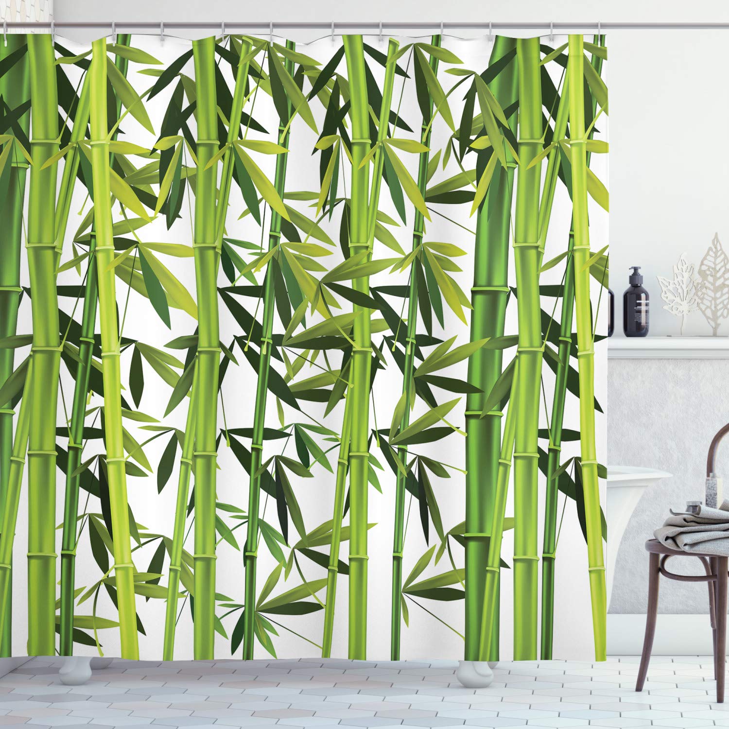 ABAKUHAUS Bamboo Shower Curtain, Fresh Green Plant with Leaves in Garden Nature Growth Ecology Feng Shui Theme, Cloth Fabric Bathroom Decor Set with Hooks, 94 Inches, Green White