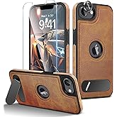 Fingic Magnetic Leather Case for iPhone 16e Case[Compatible with Magsafe][with 1 Screen/Camera Lens Protector] Invisible Stand Slim Kickstand Protective Shockproof Case for Women Men,6.1",2024,Brown