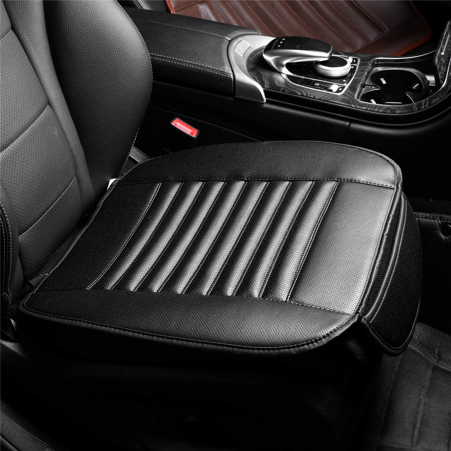 Drasawee Car Seat Cushion, Car Seat Pad with PU Leather Bamboo Charcoal Car Seat Protector (Black, For Front Seat)