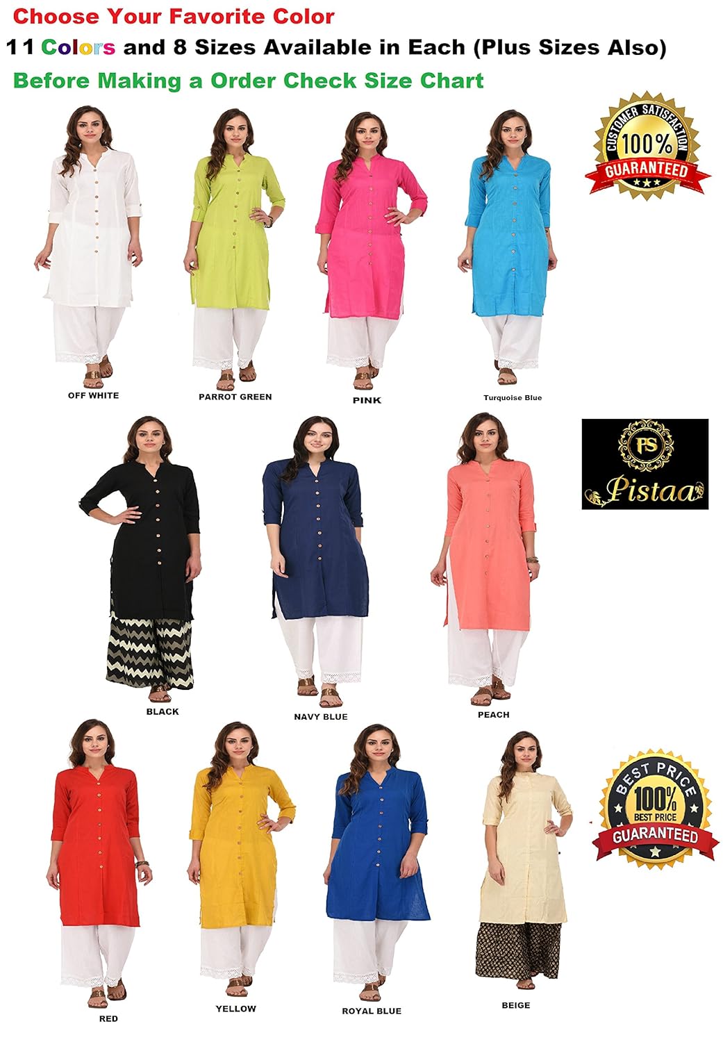 pistaa's women's cotton straight kurti (peach_xs)