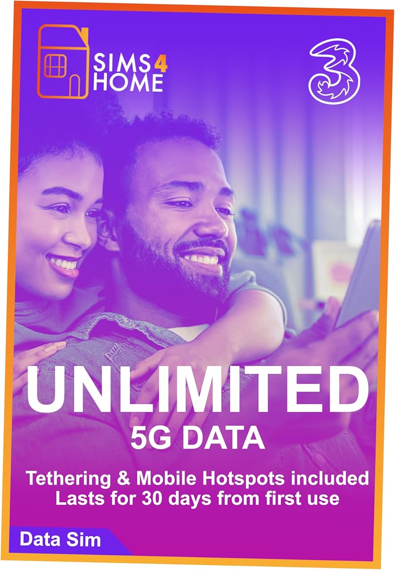 Sims4Home Three UK Unlimited 4G 5G Data SIM Card 1 Month No Contract
