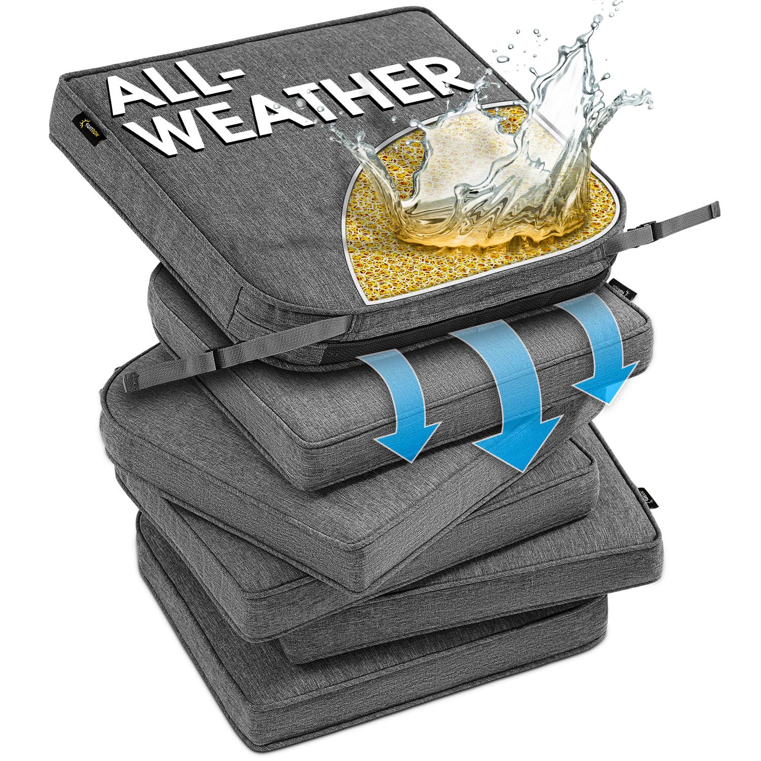 Photo 1 of SUNROX DryFast Foam Outdoor Chair Cushion with DryMesh Drainage, All-Weather FadeShield Water Resistant Patio Furniture Cushions, Ultra Durable Patio Chair Cushions 17"x16", 6 Pack Heather Charcoal