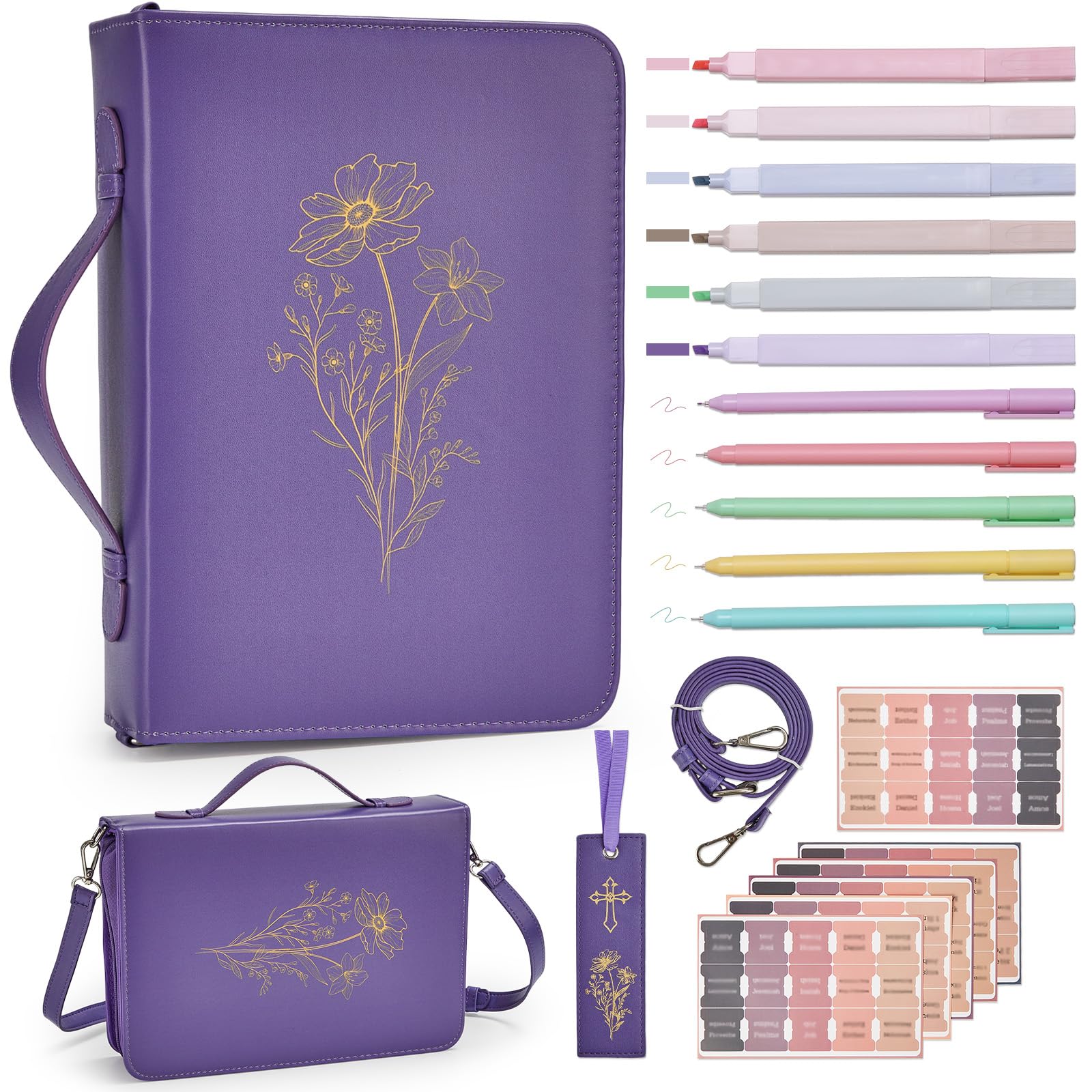 Photo 1 of 19PCS Floral Bible Cover for Women PU Leather Church Bags Bible Journaling Kit for Girls Church Bag with Highlighter Pens 10.47*7.48*2.17in Book Case with Shoulder Strap &Book Christian Gift Purple