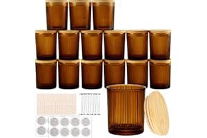 CONNOO 16pcs Fall Amber Candle Glass Jars with Natural Bamboo Lids, 7oz Thick Containers for Candle Making with Wicks & Stickers, Ribbed Amber Jars for DIY Projects, Bulk Orders, Gifts & Home Décor