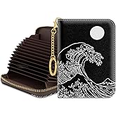 Rouidr Credit Card Holder for Women, Small Slim RFID Card Organizer Wallet with Zipper and Keychain, Night Ocean