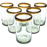 MexHandcraft Amber Rim 14 oz Drinking Glasses (set of 6), Recycled Glass, Lead-free, Toxin-Free (Drinking)