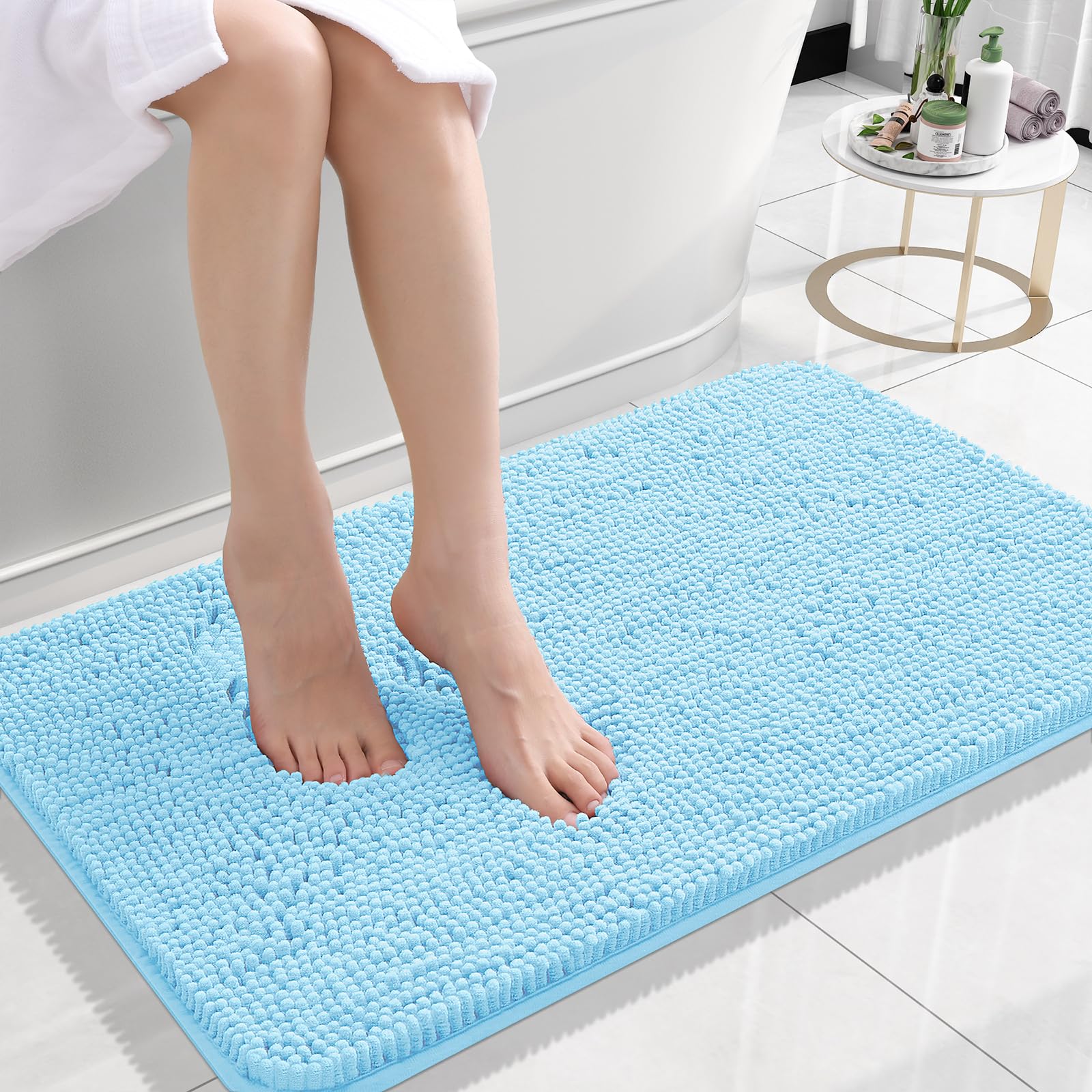 Photo 1 of OLANLY Bathroom Rugs 24x16, Extra Soft Absorbent Chenille Bath Rugs, Rubber Backing Quick Dry, Machine Washable Bath Mats for Bathroom Floor, Tub and Shower, Home Decor Accessories, Sky Blue