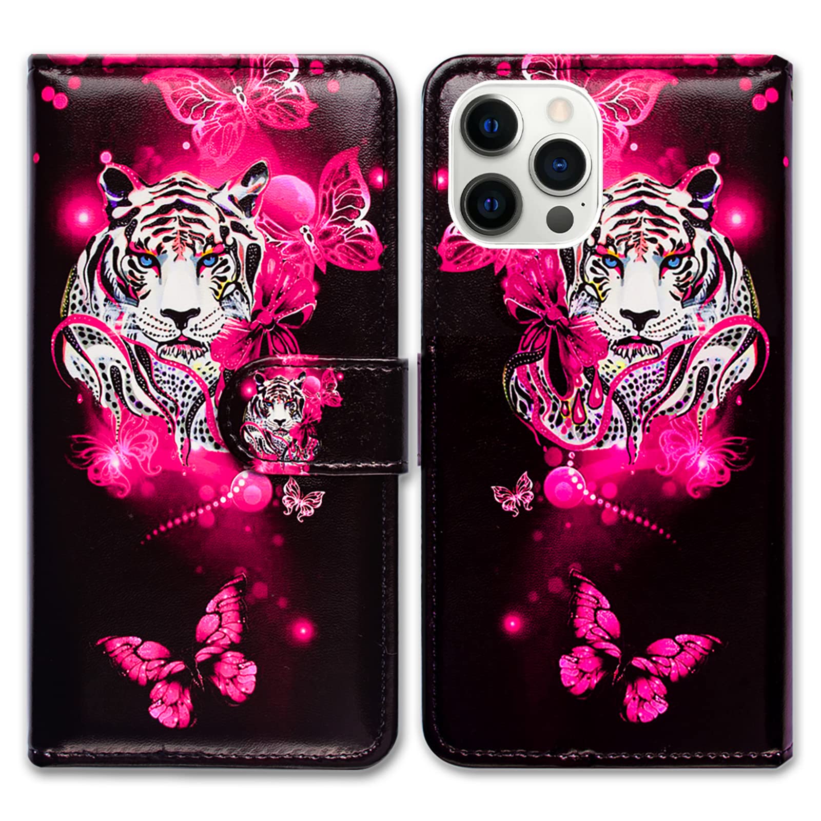 Bcov iPhone 14 Pro Max Case, White Tiger Butterfly Leather Flip Phone Case Wallet Cover with Card Slot Holder Kickstand For iPhone 14 Pro Max