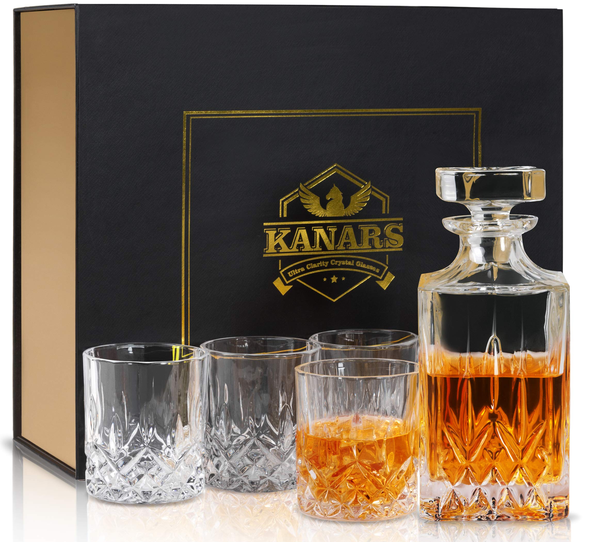 KANARS Whisky Decanter and Glasses Set, 750 ml No-Lead Crystal Whiskey Decanter with 4 Old Fashioned Glasses 300 ml, 5-Piece, Unique Stylish Gift Box