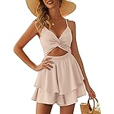 AGERWAY Women's Jumpsuit Sexy V Neck Twist Spaghetti Straps Double Layer Ruffle Hem Mini Short Romper