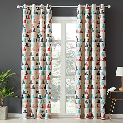 Top Finel Printed Thermal Insulated Blackout Window Treatment Eyelet Curtains For Children Bedroom Beige With Red Triangle Pattern 54 Width X 96