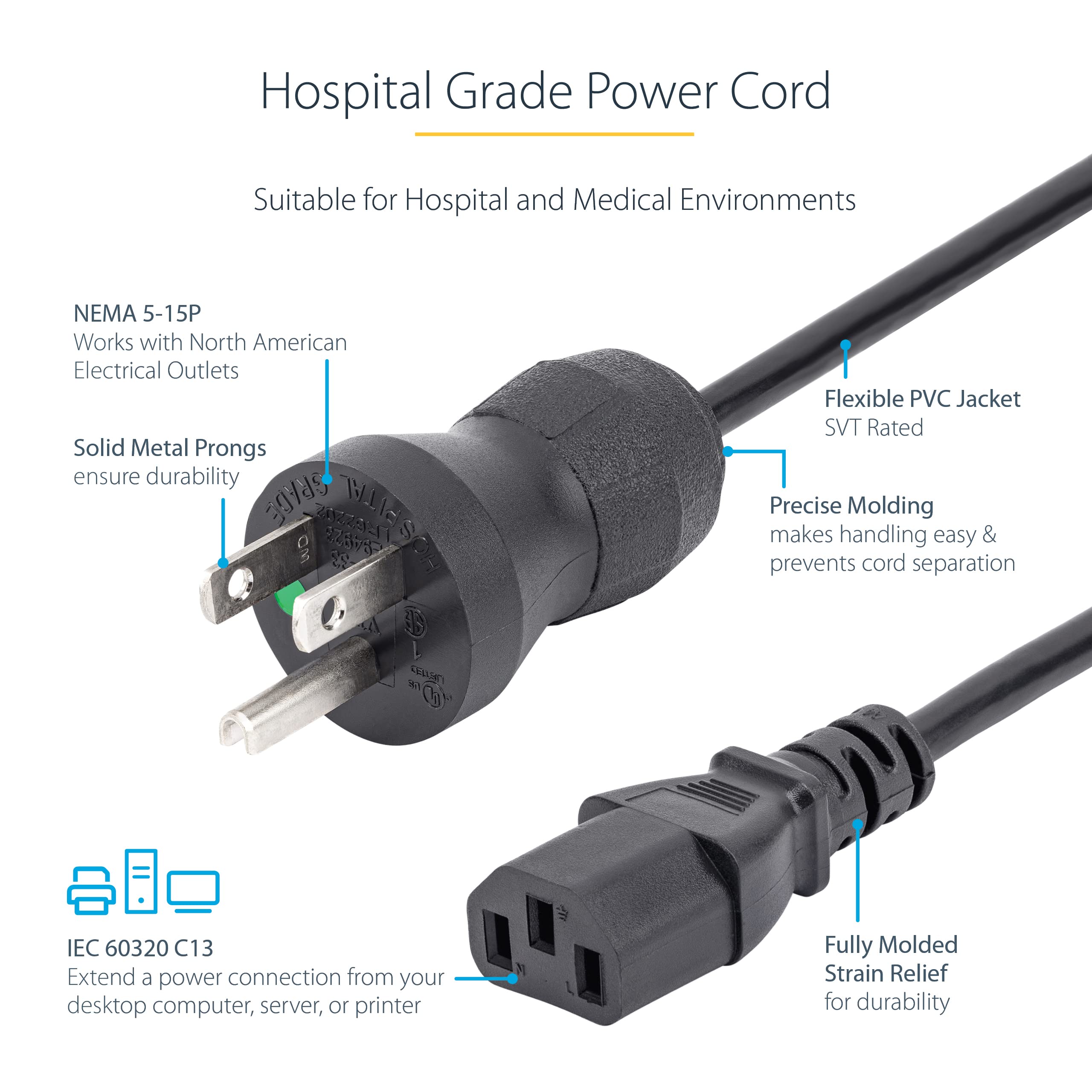 StarTech.com 3ft (1m) Green Dot Power Cord, 18AWG, NEMA 5-15P to C13, 10A 125V, Green Dot PWR Cable, PC Power Supply Cable for Printer / Monitor - UL Listed (PXTMG1013)