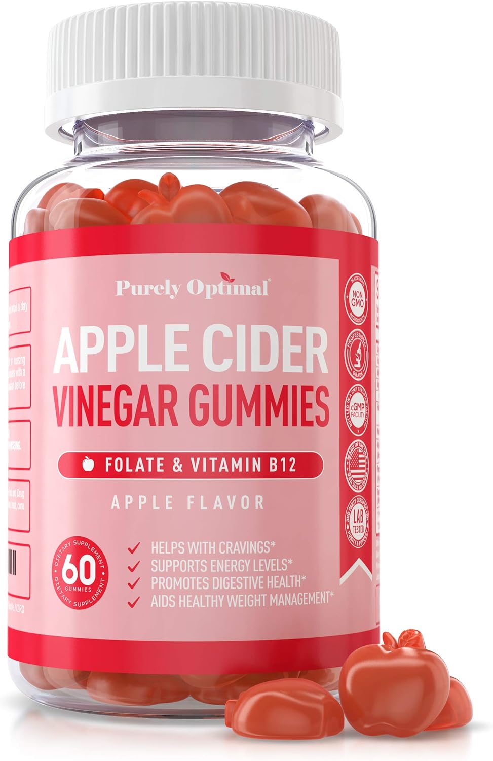 Premium Apple Cider Vinegar Gummies - Supplement for Detox, Cleanse, Weight Loss & Immune Support - ACV Gummy Vitamins with Vitamin B12, Folate, Beet Juice, Pomegranate Juice - 60 Gluten-Free Gummies