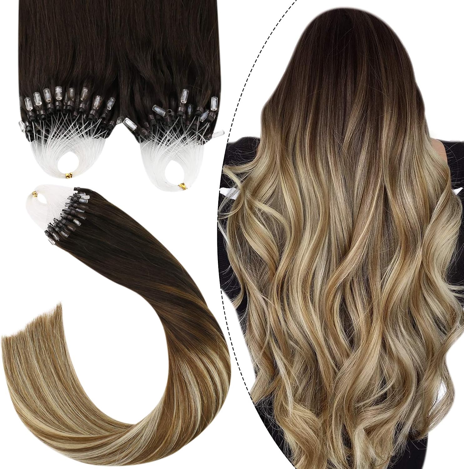 Ugeat Micro Ring Hair Extensions Brown Balayage Micro Link Hair Extensions Human Hair Brown to Light Blonde Balayage 14 Inch No Glue Needed 50G/50S #4/6/613