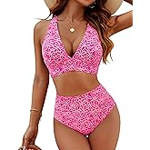 Blooming Jelly Women Embroidery Print High Waisted Bikini Sets V Neck Tummy Control Bathing Suit Two Piece Curvy Swimsuits