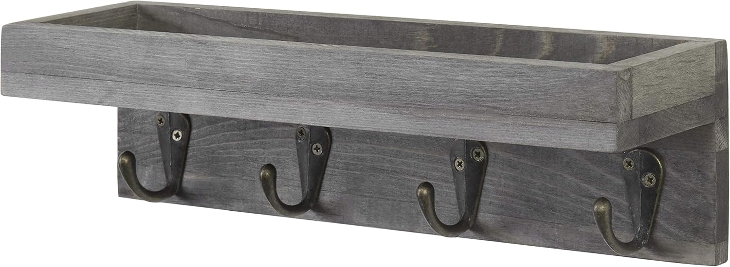 MyGift Vintage Grey Wood Wall Mounted Entryway Shelf with 4 Antique Metal Hooks: Home & Kitchen