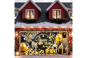HOMETITUTE 13x6ft Happy New Year Garage Door Banner Midnight Countdown Clock Backdrop New Year's Eve Garage Door Cover Decoration for Celebration Party Indoor Outdoor House Wall Background Decor