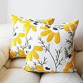 Leebright Embroidered Throw Pillow Cover Boho Beige Yellow 2PCS Pillow Covers for Couch Sofa Cotton Linen Daisy Floral Bohemian Pillow Covers 3D Big Flowers Botanical Pillowcase Covers 18x18 Inch