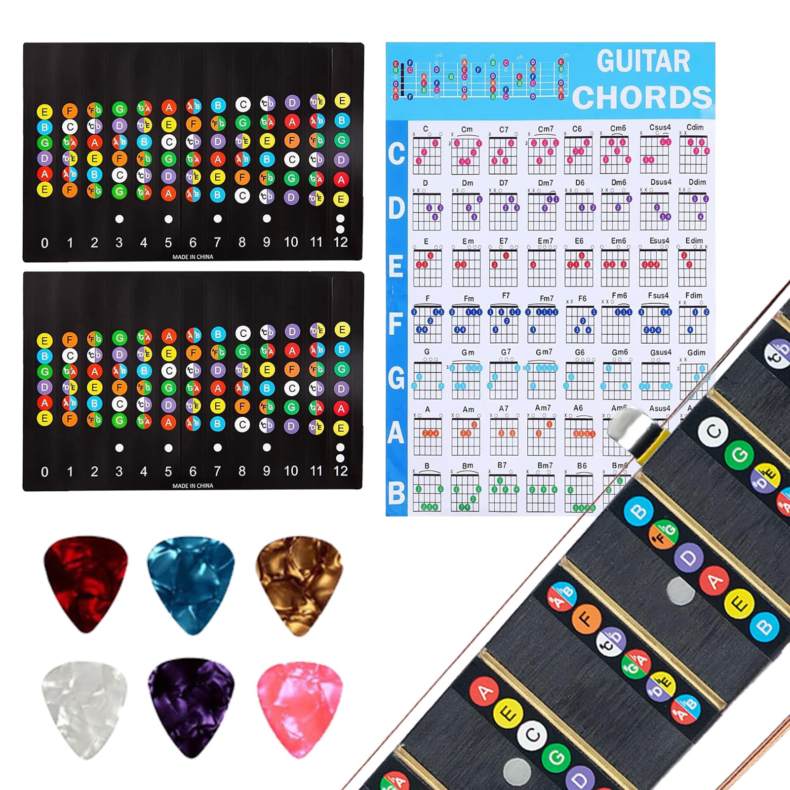 Guitar Fretboard Stickers With 2 Scale Stickers And 6 Picks Color Coded Notes Guitar Chord Poster Guitar Chord Suppressor Guitar Learning Tool Guitar Accessories For Beginners