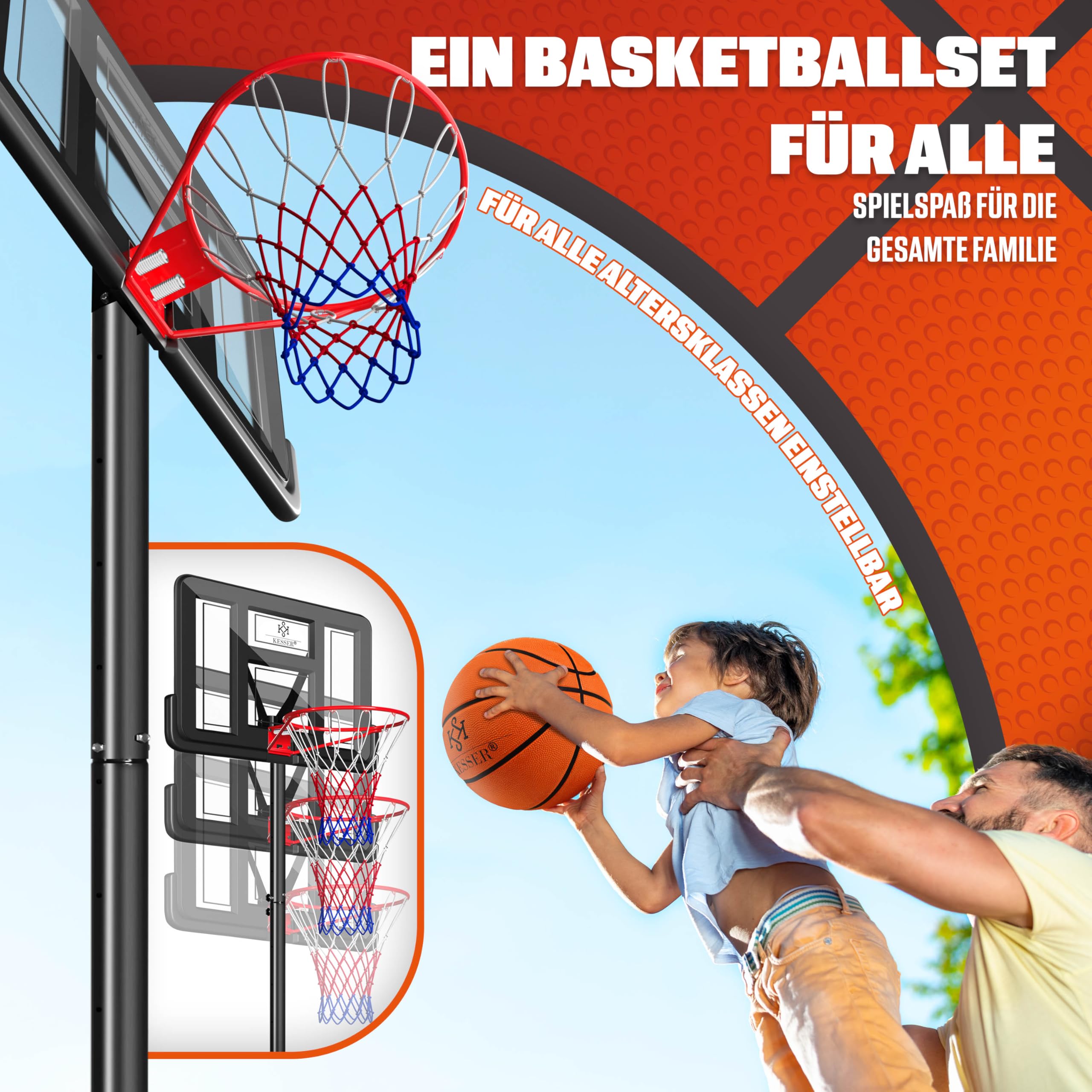 KESSER® Basketballkorb Set höhenverstellbar 160-210cm Mobiler Basketballständer mit Rollen, Backboard, Basketball, Pumpe & 2 Netzen - Indoor & Outdoor Basketballanlage für Kinder & Erwachsene Schwarz 4