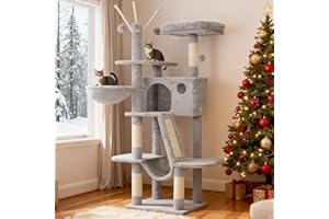 Hey-brother Cat Tree, 53 inch Cat Tower for Indoor Cats, Cat House with Padded Platform Bed, Toy Balls, Large Cozy Condo, Hammocks and Sisal Scratching Posts, Light Gray MPJ019-SW