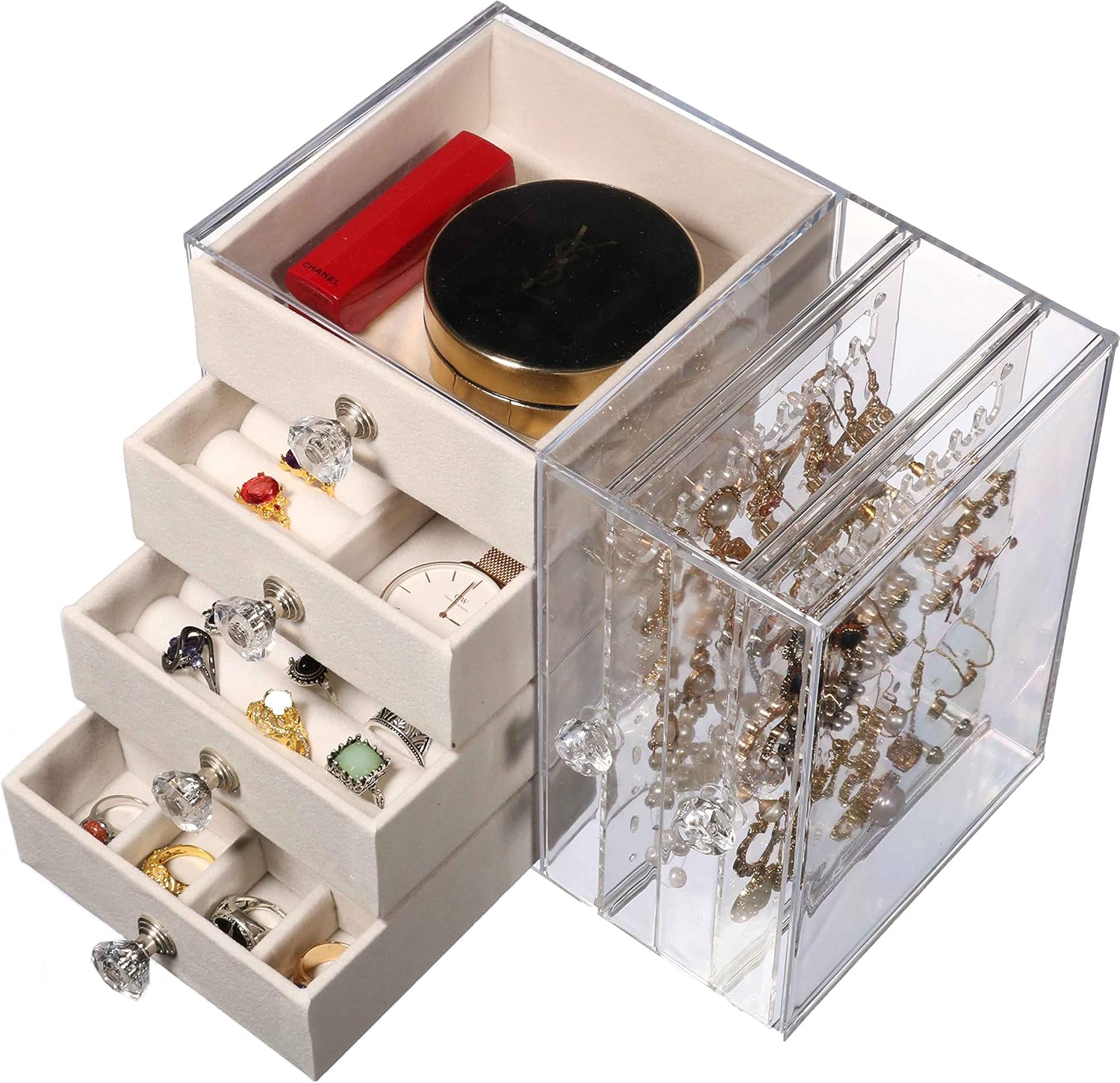 Cq acrylic Jewelry Box for Women with 4 Drawers, Hanging Velvet Jewelry Organizer for Earring Bangle Bracelet Necklace and Rings Storage Clear Acrylic Jewelry case,White: Home Improvement