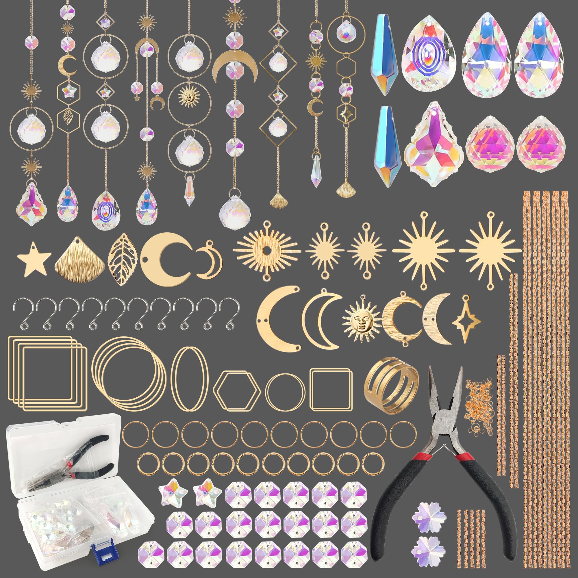 Crystal Suncatchers 200 Pcs DIY Making Kits Sun Catchers for Windows Gold Chain Star Sun Moon Pendants Crystals Hanging Ornament Rainbow Drop Prism for Room Car Garden Party Wedding Decor gold