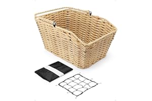 ANZOME Bike Basket Rear, Woven Rectangular Bike Basket with Waterproof Cover & Cargo NetMount on The Back Seat Fits for Most Rear Bike Racks