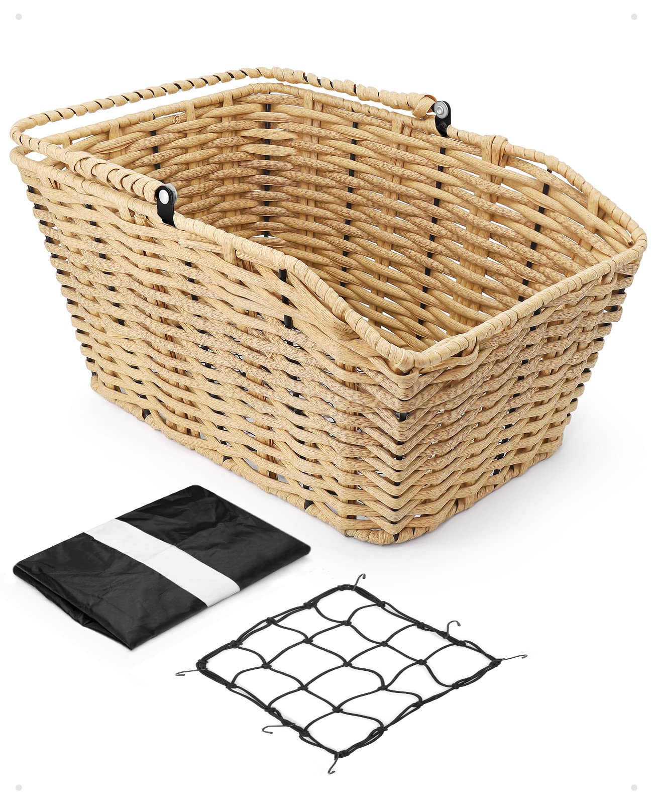 Photo 1 of ANZOME Bike Basket Rear, Woven Rectangular Bike Basket with Waterproof Cover & Cargo NetMount on The Back Seat Fits for Most Rear Bike Racks