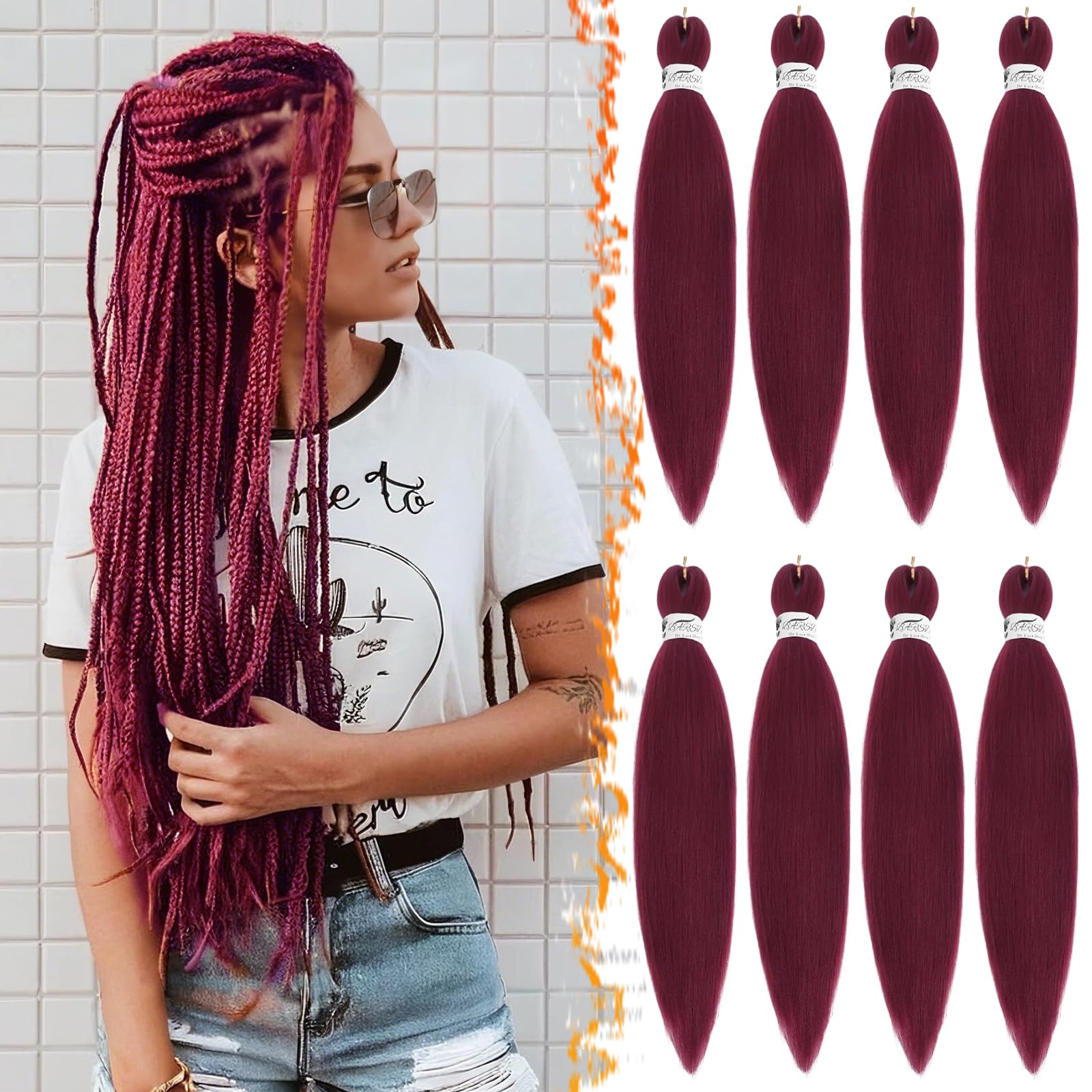 BARSDAR Pre stretched Braiding Hair, 26 Inch 8 Packs Red Long Pre Stretched for Twist or Box Braids Yaki Texture Hot Water Setting Synthetic Crochet Braiding Hair -900# Burgundy — image 1