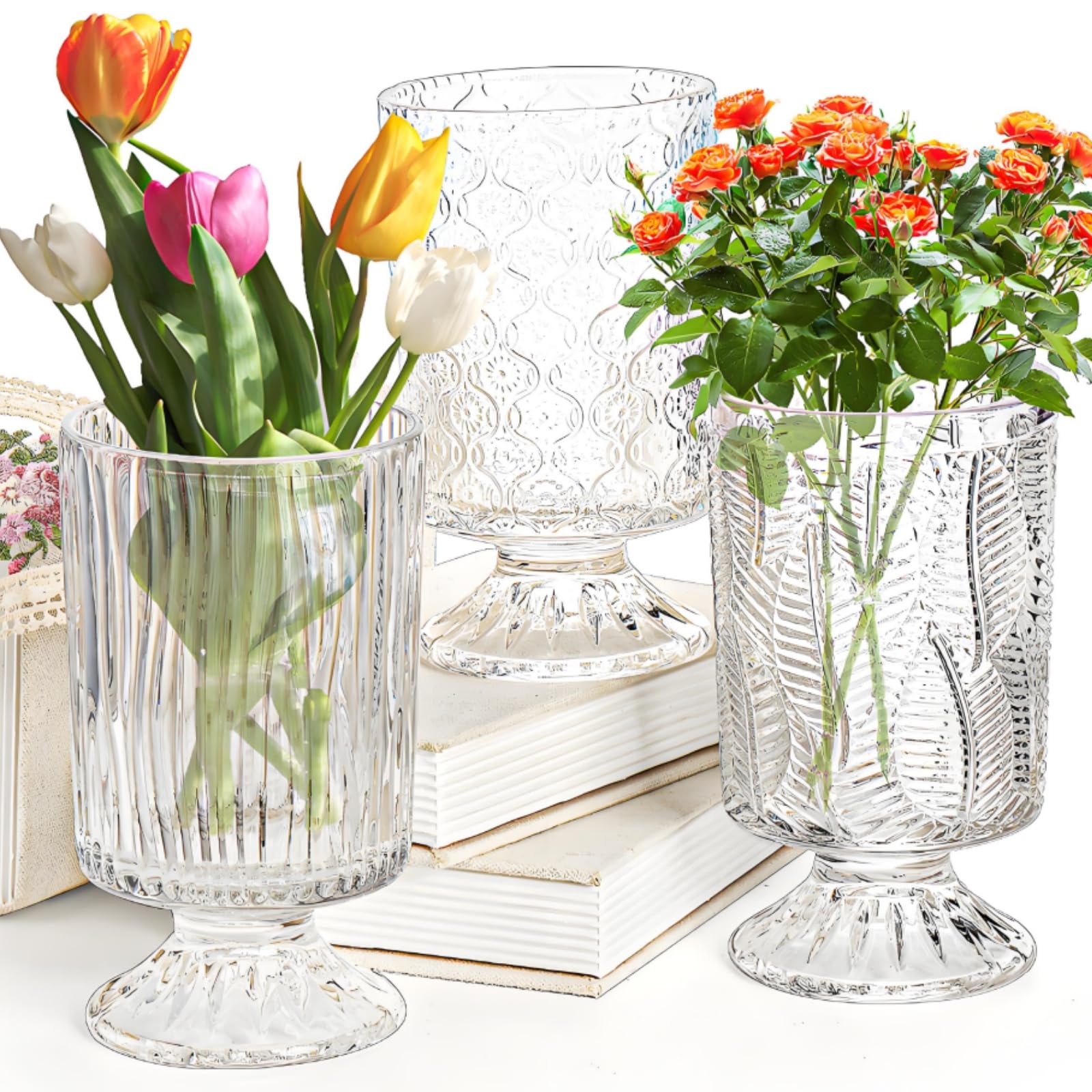 Photo 1 of Pumtus 3 Pack Flower Vases for Centerpieces, Vintage Glass Pedestal Vase Set, Decorative Embossed Big Base Vase, Clear Hurricane Candle Holder, Medium Cylinder Vase for Wedding, Home, Party, Office
