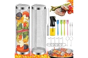 VEUIEIZT Rolling Grilling Basket, 2 PCS BBQ Grill Basket， Stainless Steel Grill Mesh with Grilling Accessories, Portable Outdoor Camping BBQ Grill Nets Cylinder for Fish, Shrimp, Vegetables, Meat
