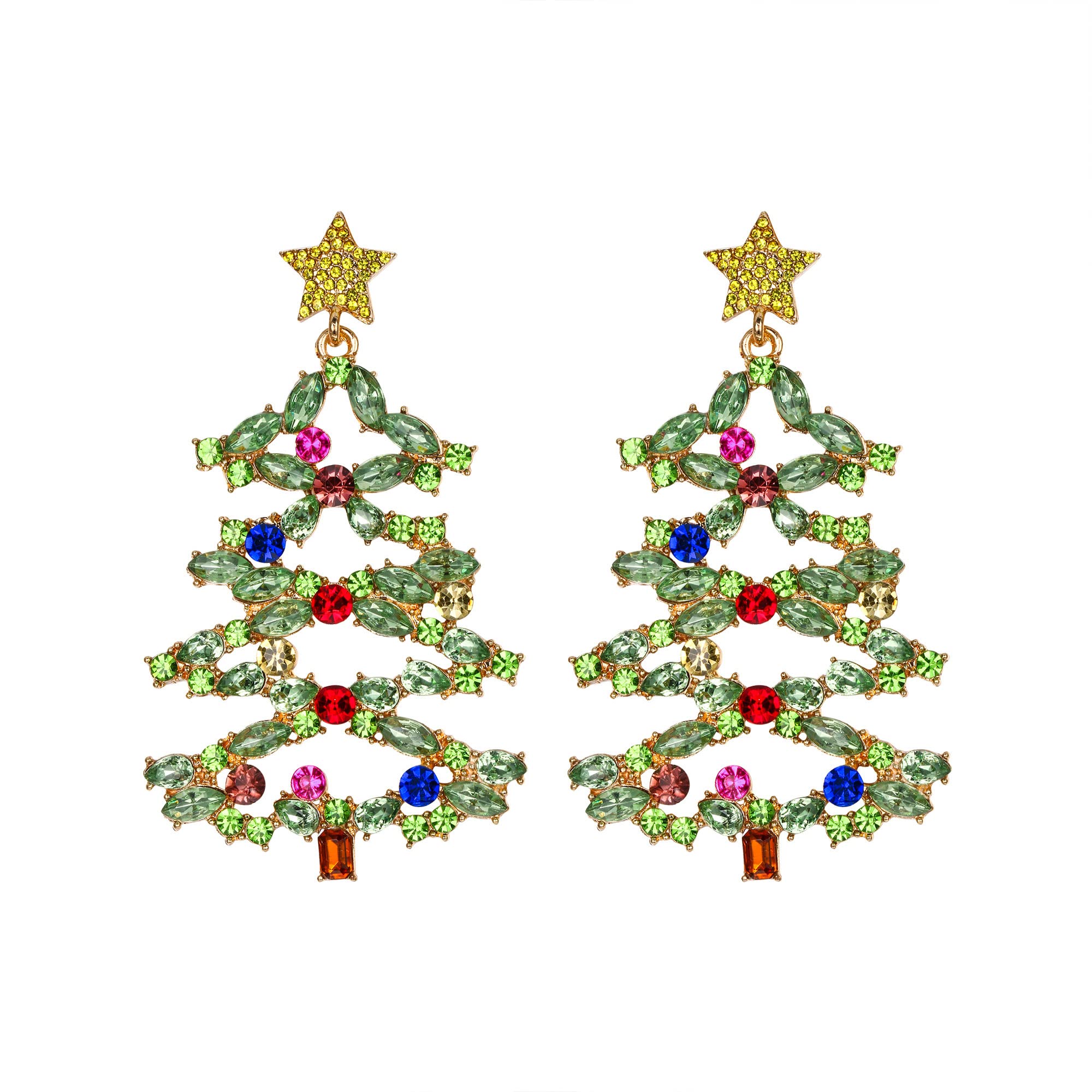 Clearine Women's Christmas Tree Earrings Xmas Star Marquise Crystal Rhinestone Dangle Earrings Green Multicolor Gold-Tone