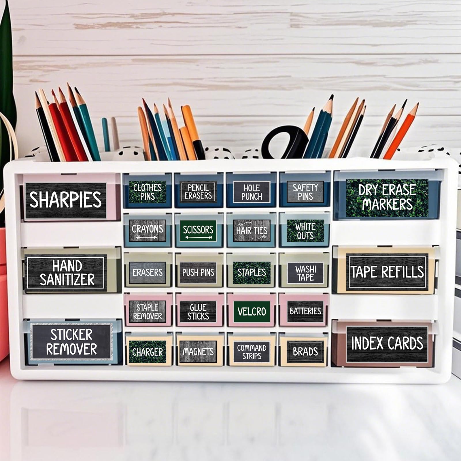 Photo 1 of 54Pcs Teacher Toolbox Labels Classroom Decoration Self-Adhesive Farmhouse Toolbox Sticker Greenery Tool Box Storage Decal Wood Grain Organizer Container Decor for Back to School Teacher Supplies