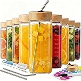 HomArtist 16oz Square Glass Juice Bottles with Lids, 9 Pack Reusable Juice Containers with Bamboo Lids, Glass Juicing jars with 4 Straws & 2 Airtight Lid with Hole for Drinking