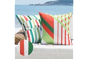 Phantoscope Pack of 2 Outdoor Pillows Waterproof Geometric Stripes Outdoor Pillow Covers, Decorative Square Patio Pillows Cushion Case for Couch Tent Sunbrella, Coral Red and Green 18 x 18 Inches