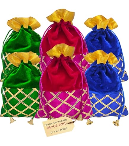 Set Of 10 Big Designer Potli Gift Bags - Multicolor Organza Pouches For Diwali & Christmas