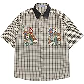 Aelfric Eden Shirts Plaid Embroidery Short Sleeve Shirt Casual Graphic T-Shirts Men Button Down Tee Tops Oufits