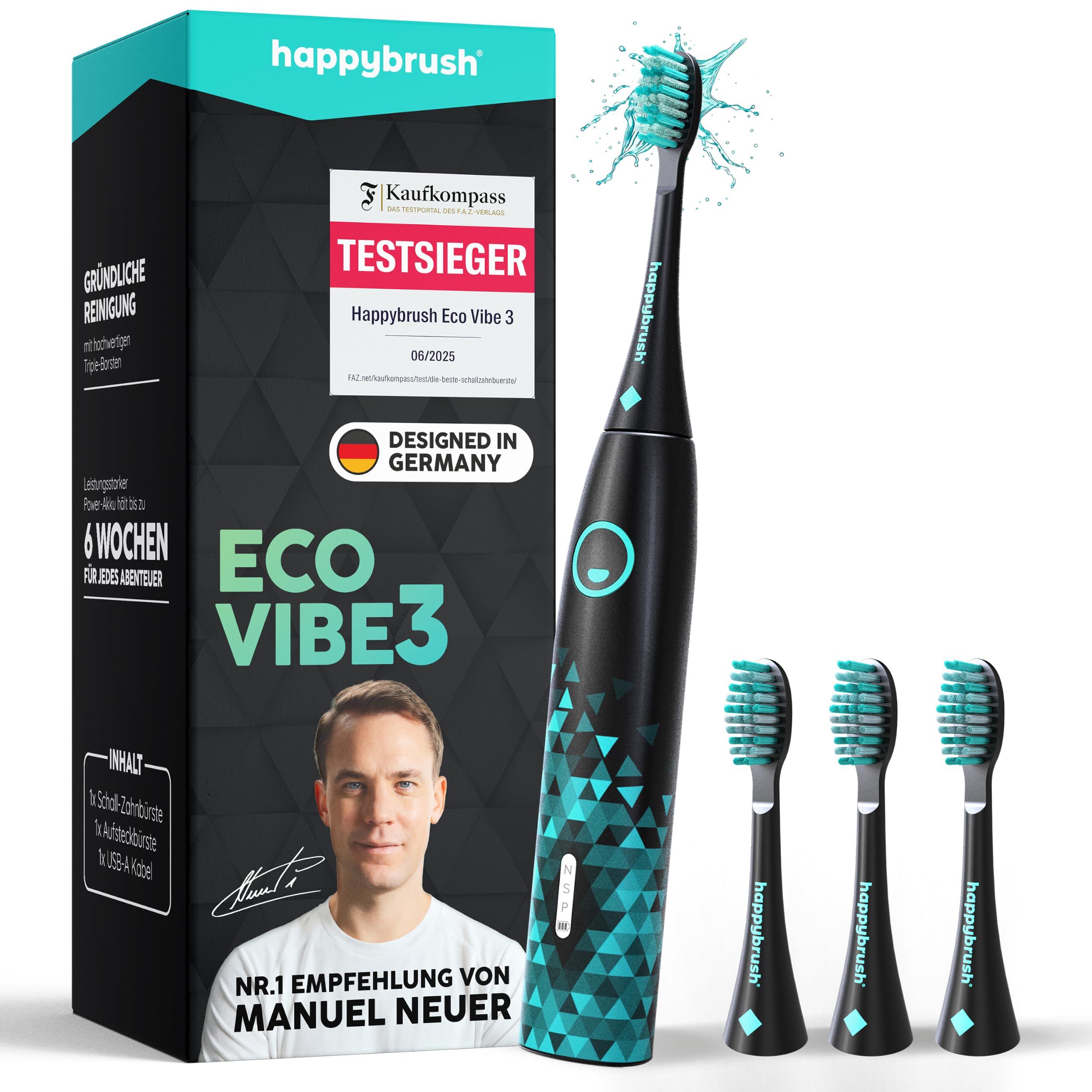 happybrush® Schallzahnbürste Eco Vibe 3 – TESTSIEGER – 100 Tage testen - Elektrische Zahnbürste mit 8 Wochen Akku – Ultraschall Zahnbürsten – 2 Jahre Garantie - Inkl. Aufsteckbürsten - Black/Mint