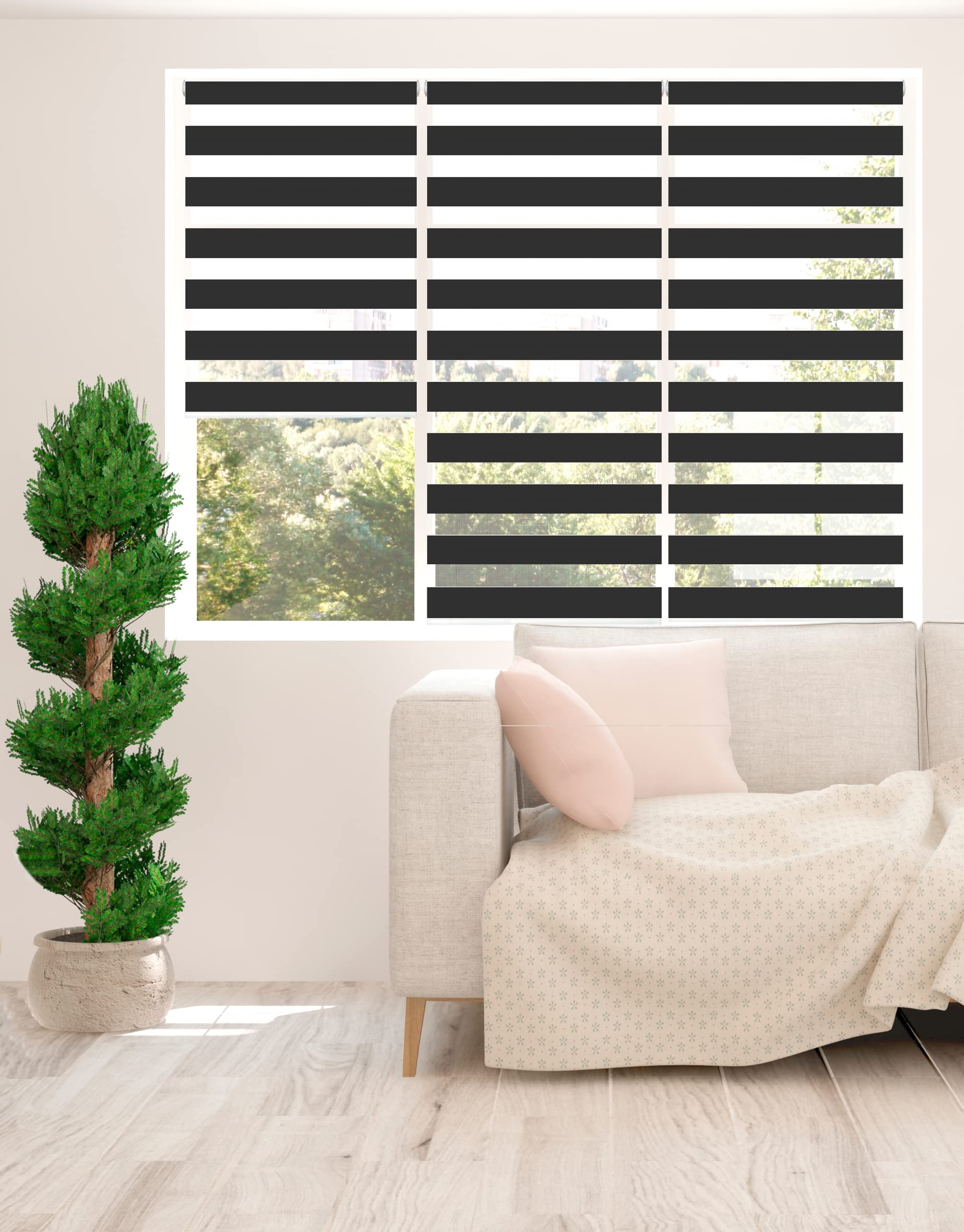 Zebra Blind - Day and Night Roller Blind, Aluminium Frame, Dual Layer Striped Fabric Modern Elegant Window Blind, Easy Clean, Light Control Privacy 145 cm Drop, Black, (100cm Width) — image 1
