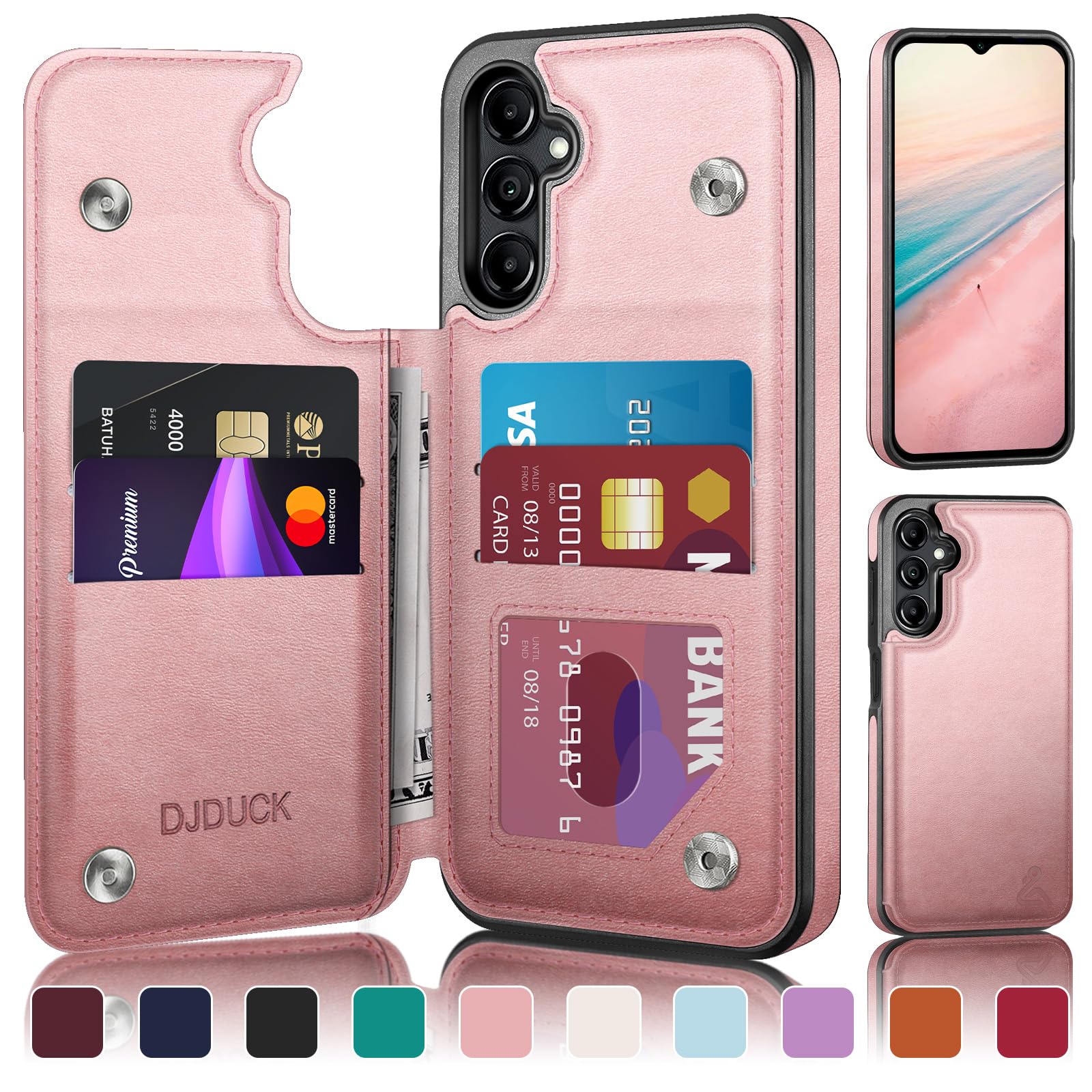 DJDUCK Designed for Samsung Galaxy A16 5G Case Wallet with Card Holder, [Magnetic Clasp Cover] [RFID Blocking Leather Protection] Shockproof Women Men Cases for Samsung A16 Rose Gold