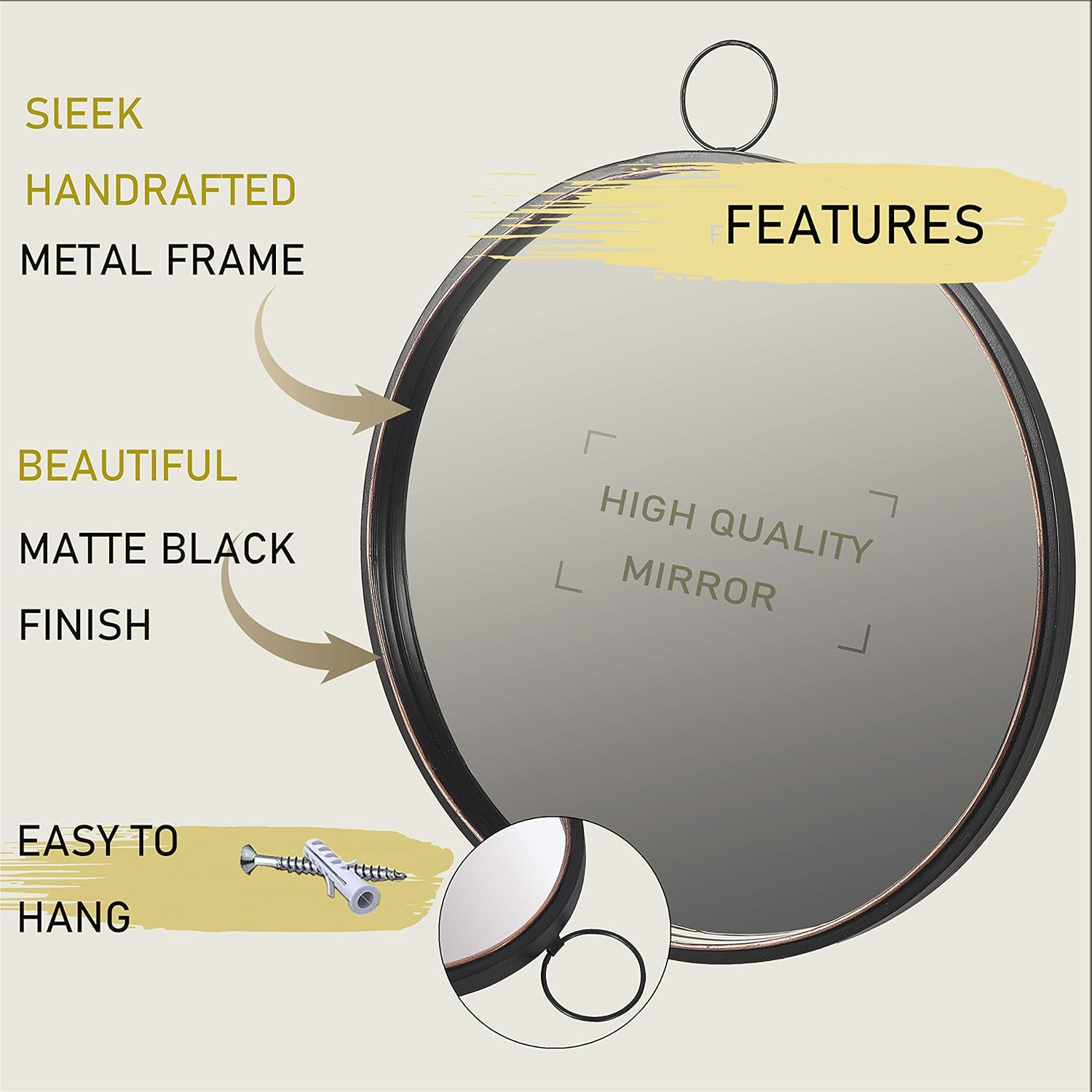 RiteSune Black Round Mirrors for Wall Decor, Brushed Metal Frame Wall Mirror for Bedroom Bathroom Living Room Entryway: Furniture & Decor