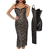 Popilush Built in Shapewear Lace Midi Dress Women's Deep V Neck Sleeveless Formal Wedding Guest Cocktail Bodycon Corset Dress