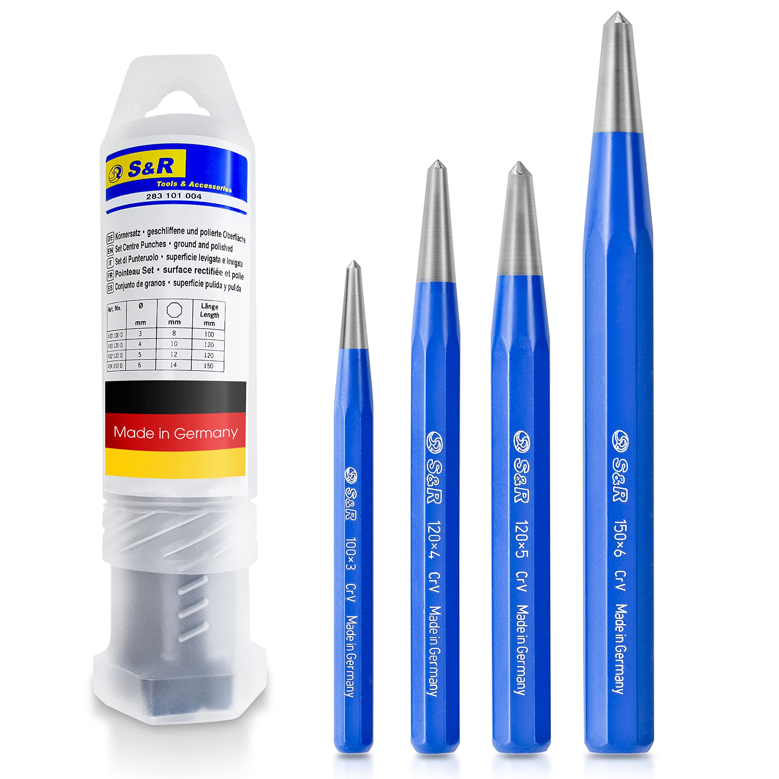 S&R Centre Punch Set – 4-Piece, 3, 4, 5, 6 mm, CRV Steel, Impact Resistant, Made in Germany
