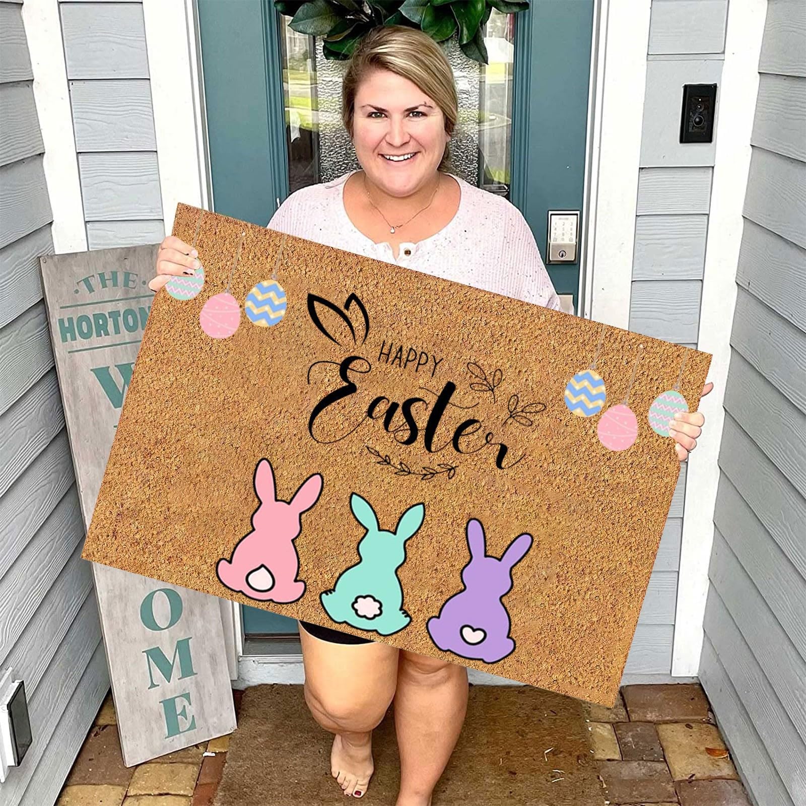 Easter Decorations,Coir Easter Bunny Door Mat,Happy Easter Front Door Rugs,Non Slip Doormat for Outdoor Indoor for Entryway, Easter Egg Door Mats for Living Room Kitchen Decor Easter Gifts - Image 2