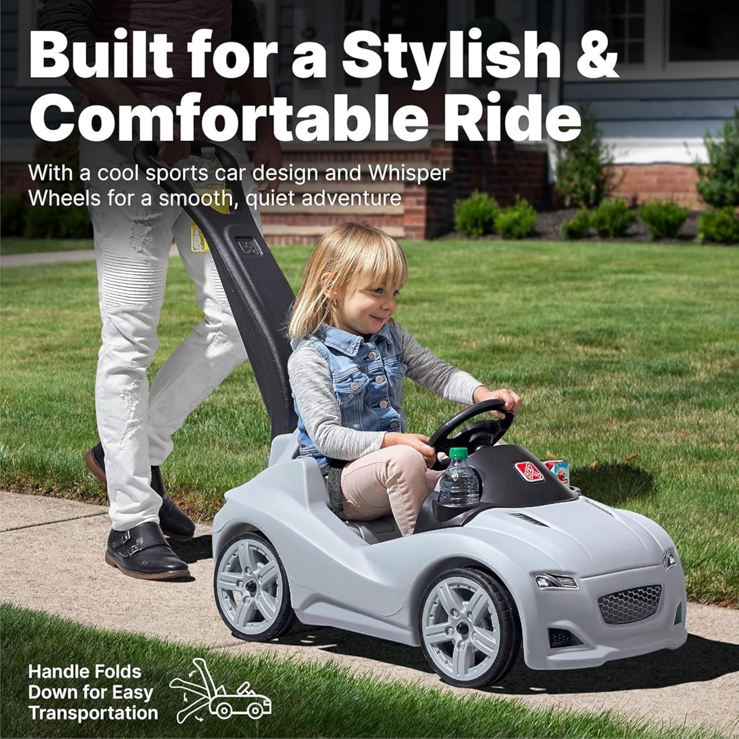 Step2 Whisper Ride Cruiser Kids Push Car, Ride On Toy, Stroller Substitute, Includes Seat Belt & Horn, Made of Durable Plastic, Max Weight 50 lbs., For Toddlers 1.5-4 Years Old, Gray