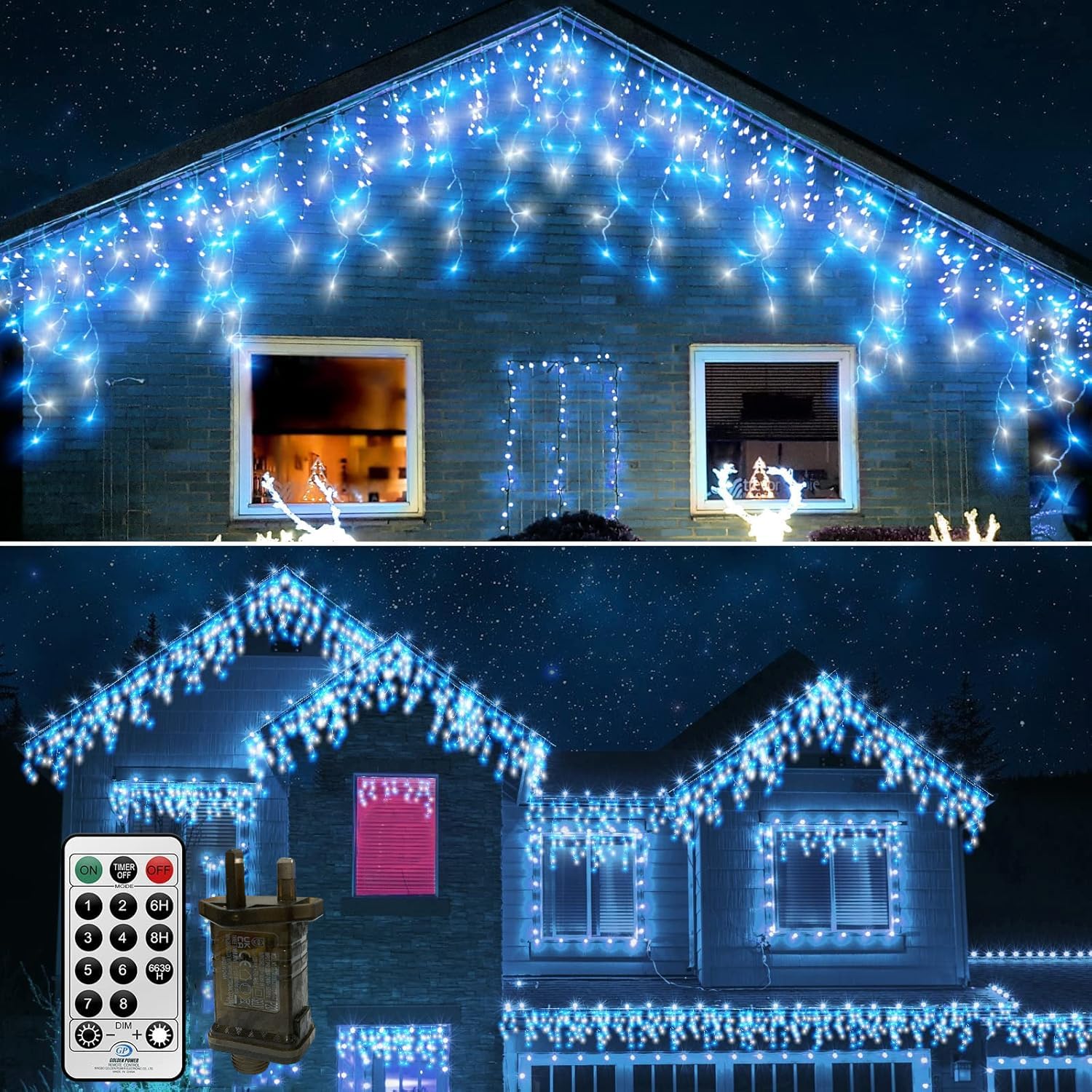 CERIAL 20M+10M Outdoor Icicle Lights Christmas Fairy Lights Plug in,540LED 108 Drops Outside Ice Eaves Lights Hanging Fairy Lights Waterproof with Remote Timer for Roof Window Wall Xmas,Blue+White — image 1