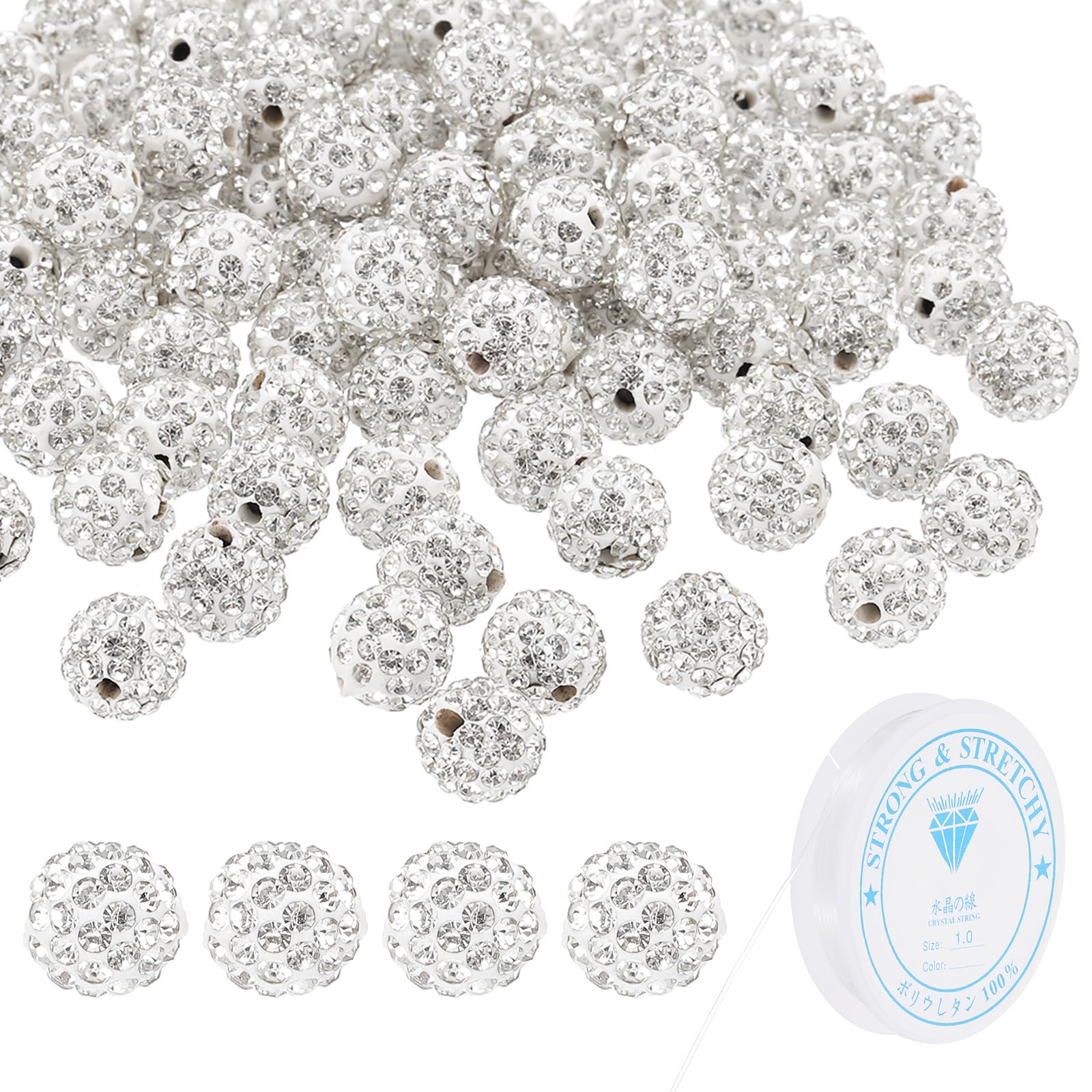 PATIKIL 10mm Rhinestone Clay Beads for Jewelry Making, 120 Pack Round Ball Polymer Clay Crystal Charm Beads with Elastic String for Craft Decor Necklace Chain Bracelets DIY, White